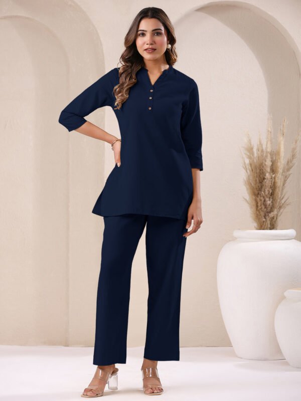 Navy Blue Cotton Solid A-line & Co-ord Set