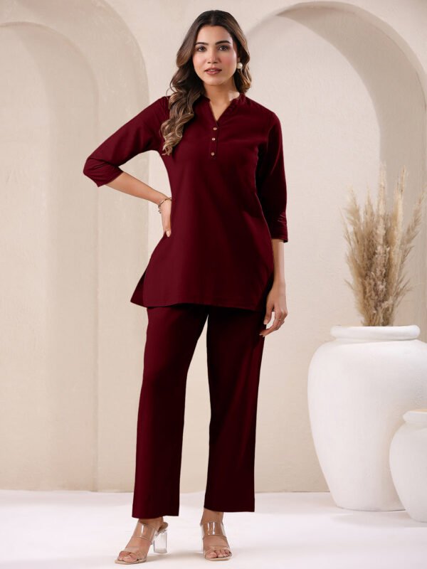 Maroon Cotton Solid A-line & Co-ord Set