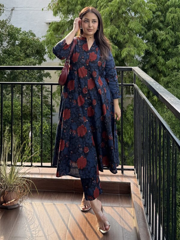 A-line Kurta and Pants Set in Pure Cotton with Navy Blue Floral Print