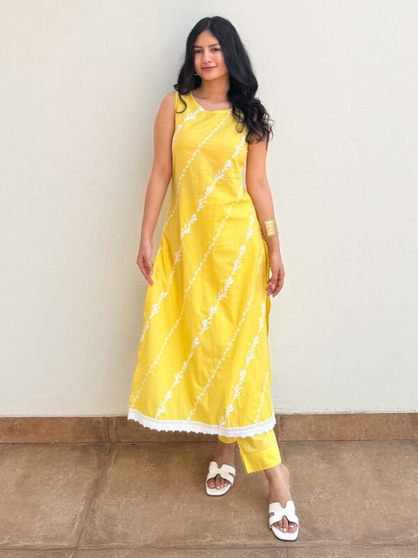 Pure Cotton Yellow Embroidered Kurta and Pant Set for Elegant Style
