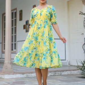 Yellow Georgette Floral Print Flared Western Dress