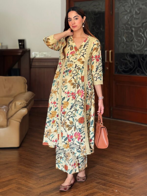 Beige Cotton Kurta and Pant Set with Floral Patterns