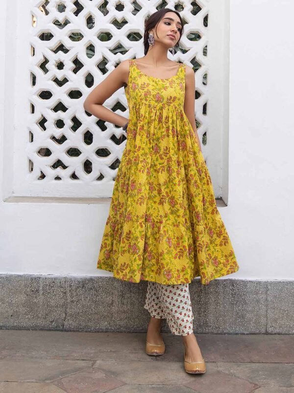 Elegant Mustard Cotton Floral Folded Kurta Set for a Stylish Look