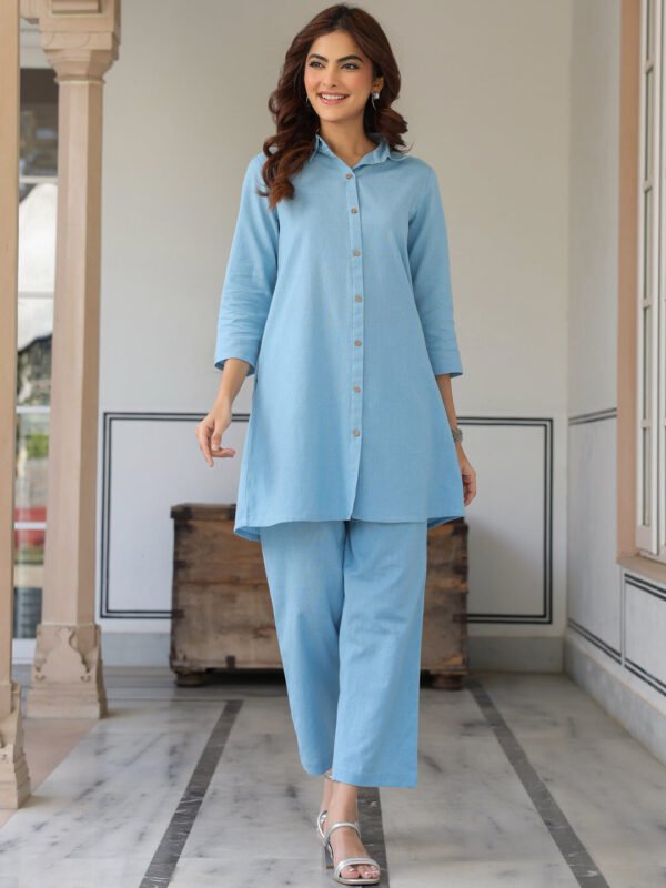 Light Blue Cotton Solid A-line Co-ord Set