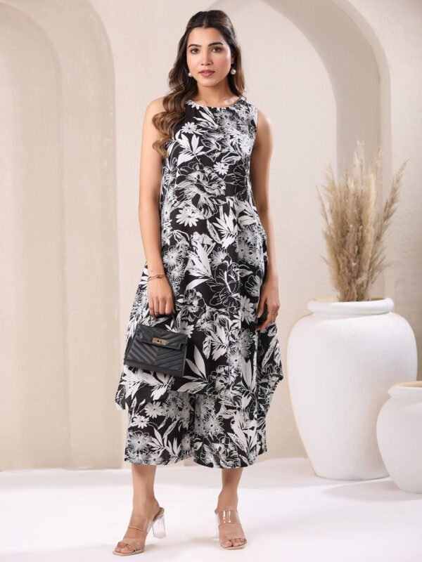 Black & White Rayon Floral Printed A-line Kurta With Culotte Set