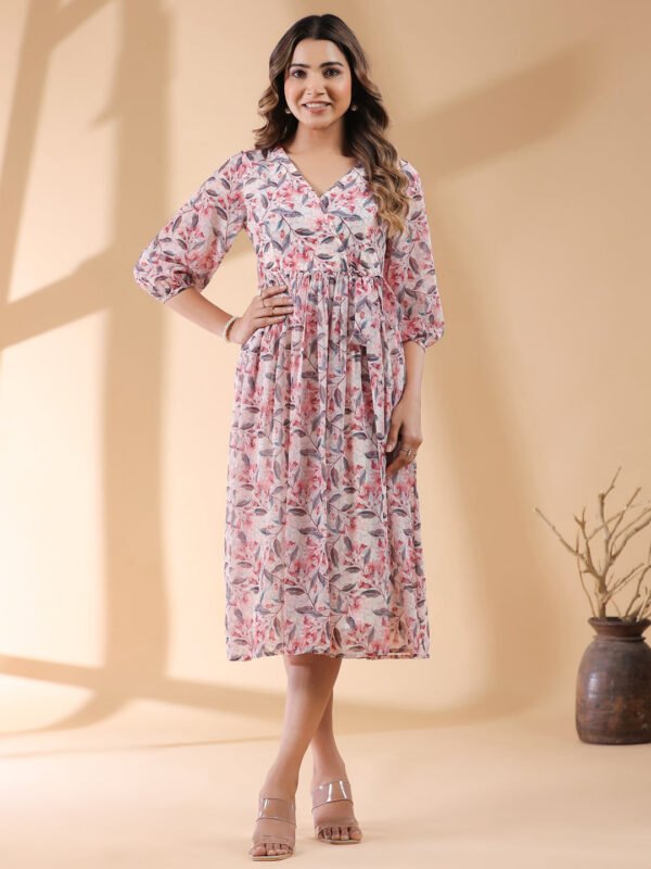 Cream Georgette Floral Printed Wrap Dress