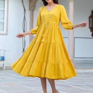 Yellow Rayon Solid Tiered Dress