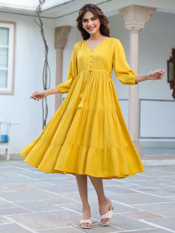 Yellow Rayon Solid Tiered Dress