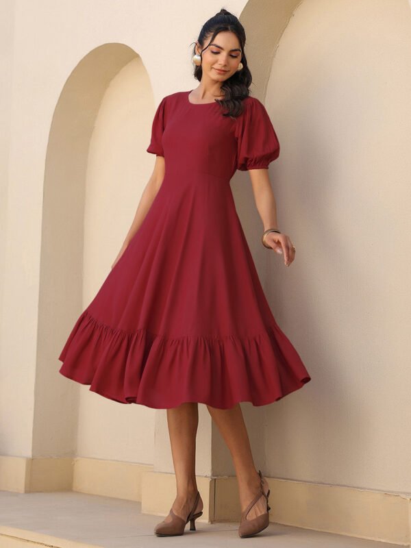 Maroon Rayon Solid Tiered Dress