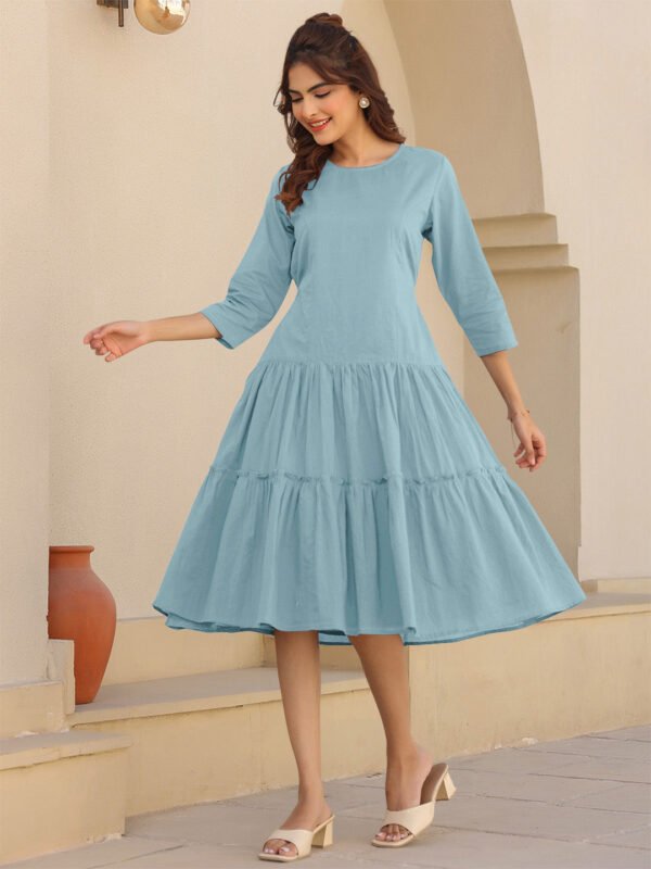 Light Blue Pure Cotton Solid Tiered Dress