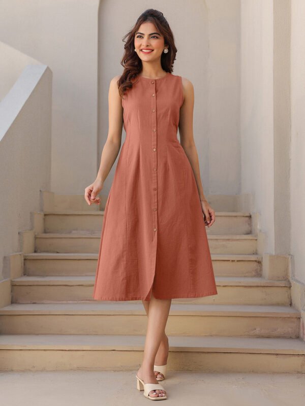 Rust Cotton Solid A-line Dress