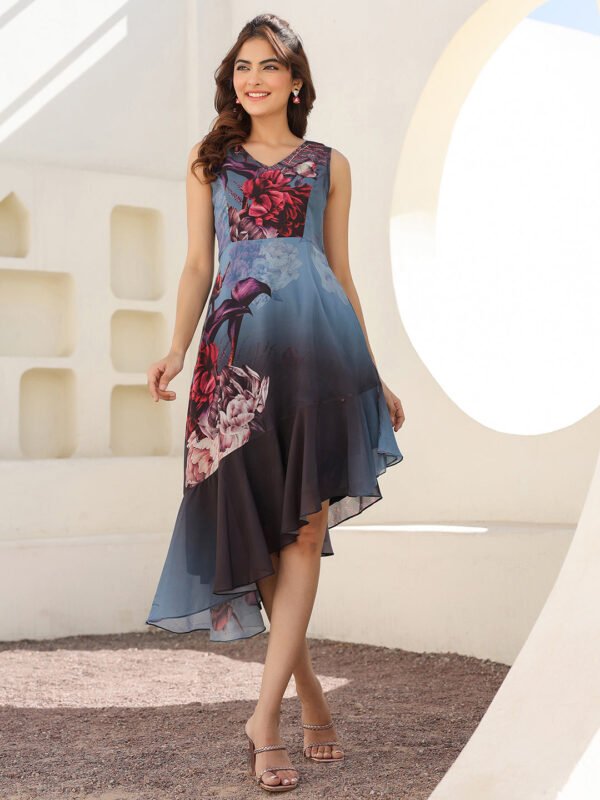 Grey Georgette Floral Printed Asymmetric Dress