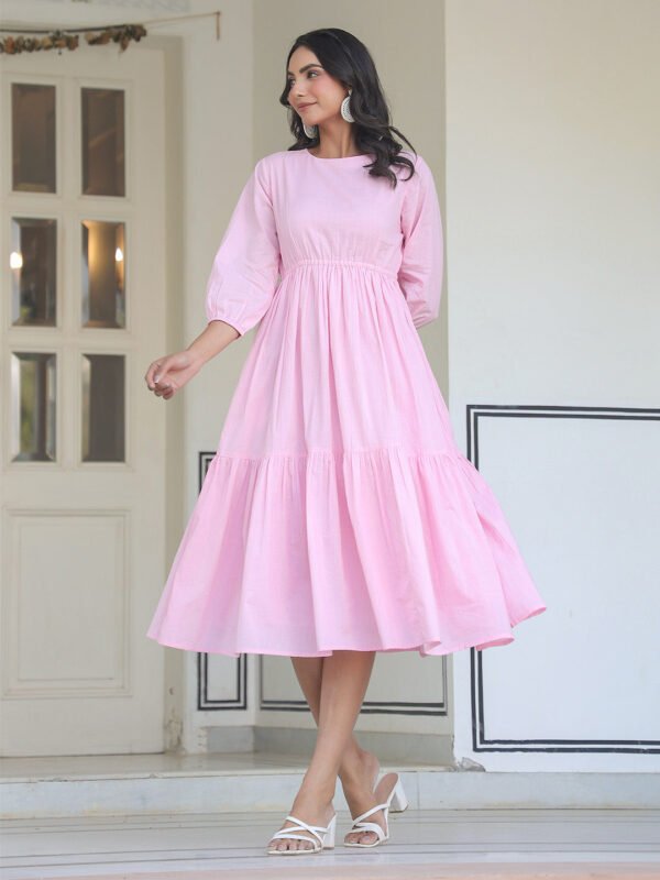 Light Pink Pure Cotton Solid Tiered Dress
