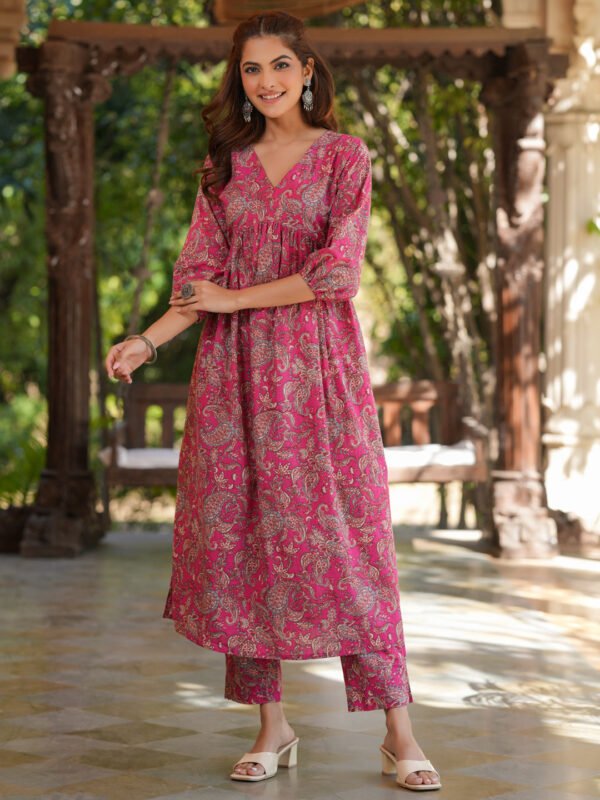 Elegant Pink Pure Cotton Floral Print A-Line Kurta and Pant Set