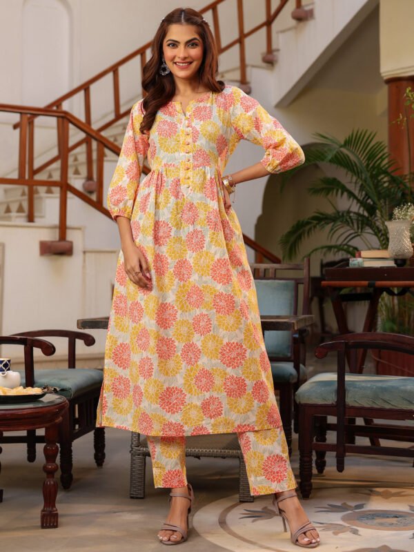 Pure Cotton Kurta and Pants Set with Floral Print and A-Design in Off White
