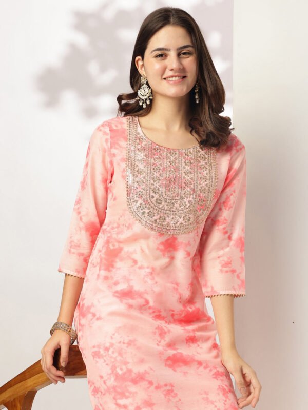 Kurta and Straight Pants Set with Silk Blend, Tie & Dye Effect, and Embroidery on the Top