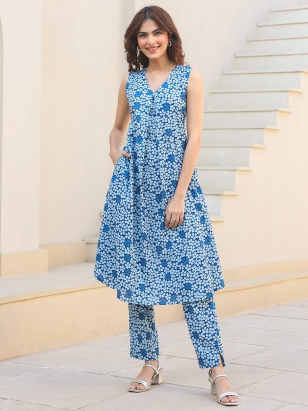 Elegant Indigo Blue Cotton Kurta Set with Floral Pattern in A-Line Design