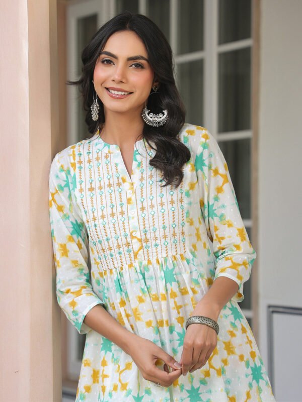 Elegant White Pure Cotton A-line Kurta and Pant Set with Embroidered Yoke and Abstract Print for a Stylish Look