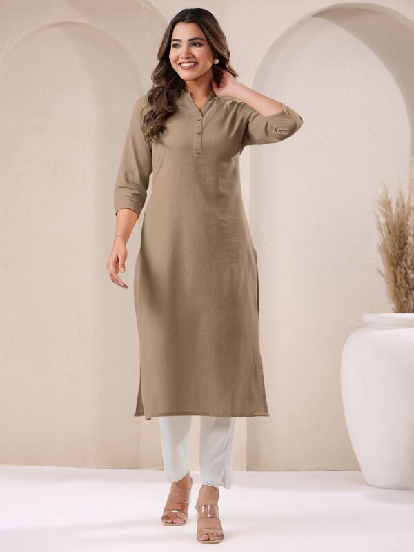 Beige Cotton Solid Straight Kurta