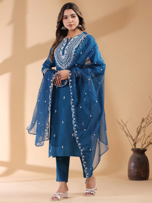 Elegant Teal Blue Silk Blend Embroidered Straight Kurta Set for a Stylish Look