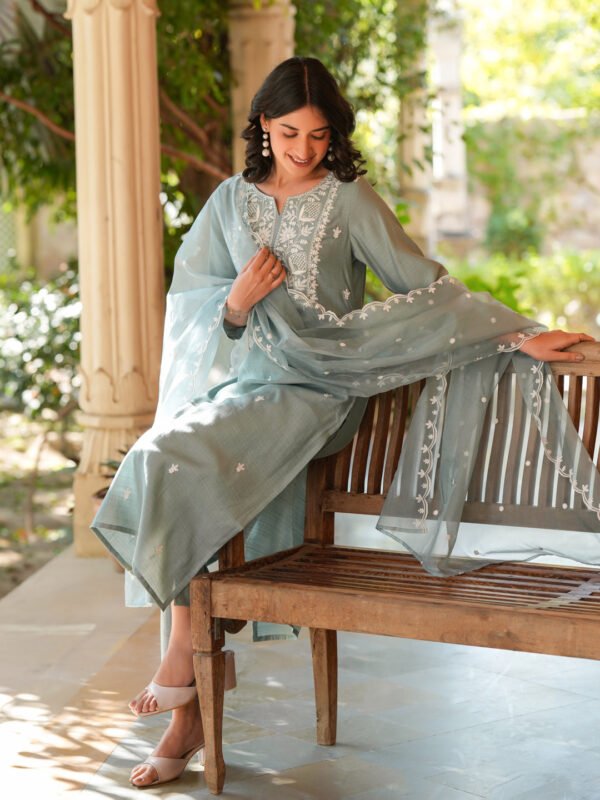 Elegant Light Blue Silk Blend Embroidered Straight Kurta Set for a Stylish Look