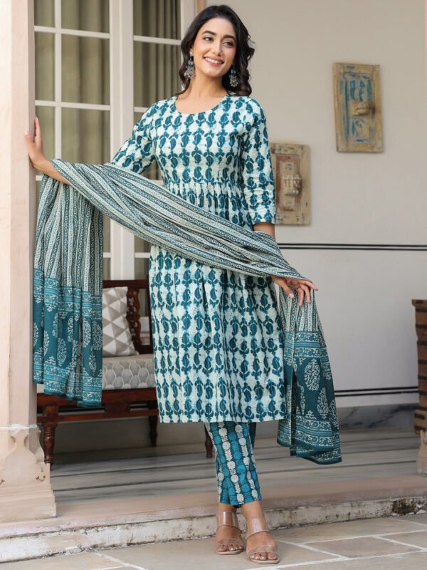 Elegant Teal Blue Pure Cotton Abstract A-line Kurta Set for a Chic Look