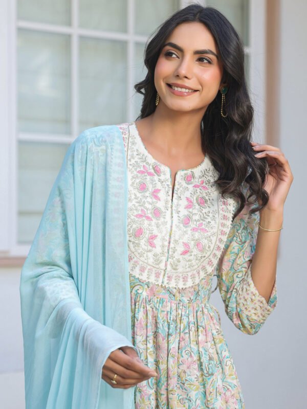 Elegant Off White Pure Cotton A-line Kurta Set with Embroidered Floral Yoke Detailing