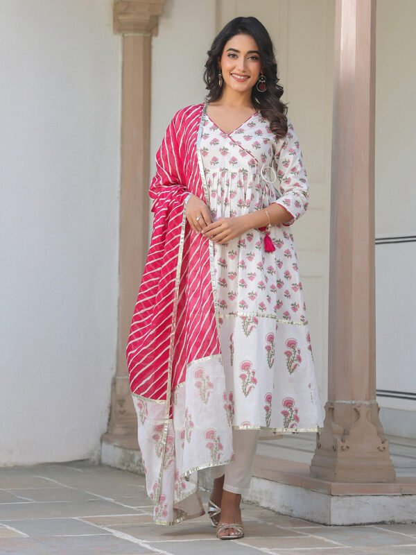 Elegant White and Pink Cotton Floral Printed Angrakha Kurta Set for a Stylish Look