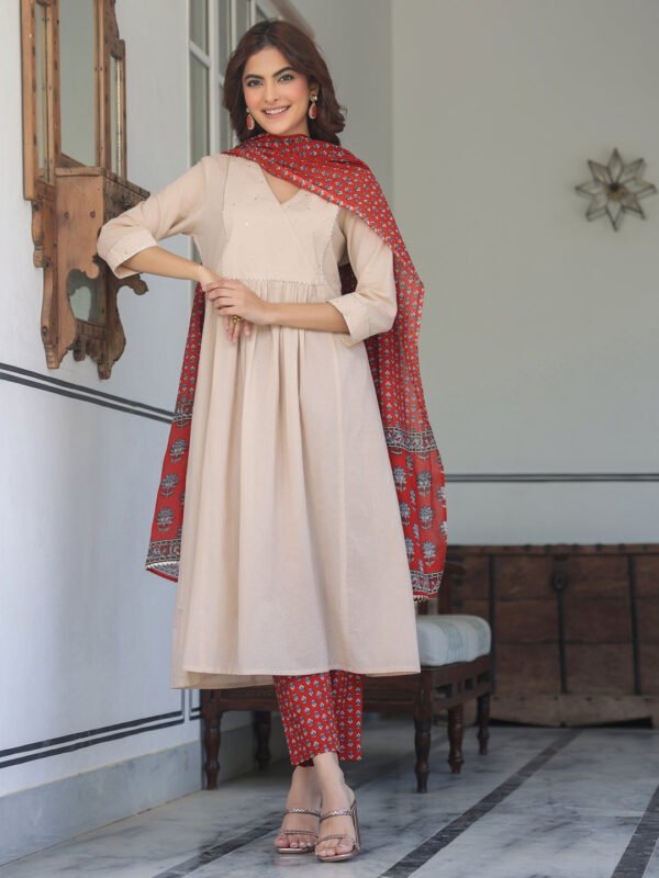 Elegant Beige Pure Cotton Floral Printed A-line Kurta Set for a Stylish Look