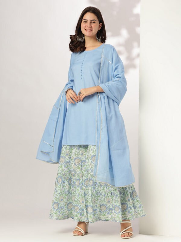 Elegant Light Blue Pure Cotton Straight Kurta with Matching Printed Sharara Set