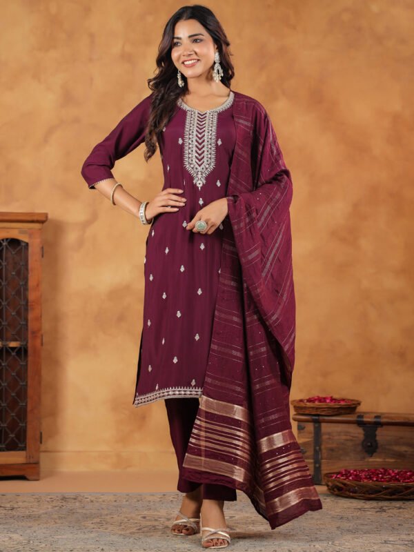 Elegant Wine Silk Blend Embroidered Straight Kurta Set for a Graceful Look