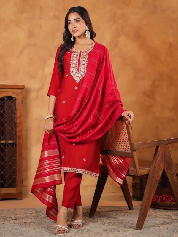 Elegant Maroon Silk-Blend Embroidered Straight Kurta Set for a Chic and Sophisticated Look