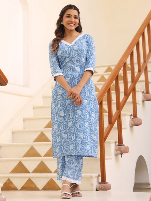 Pure Light Blue Cotton Straight Kurta Set with Floral Print