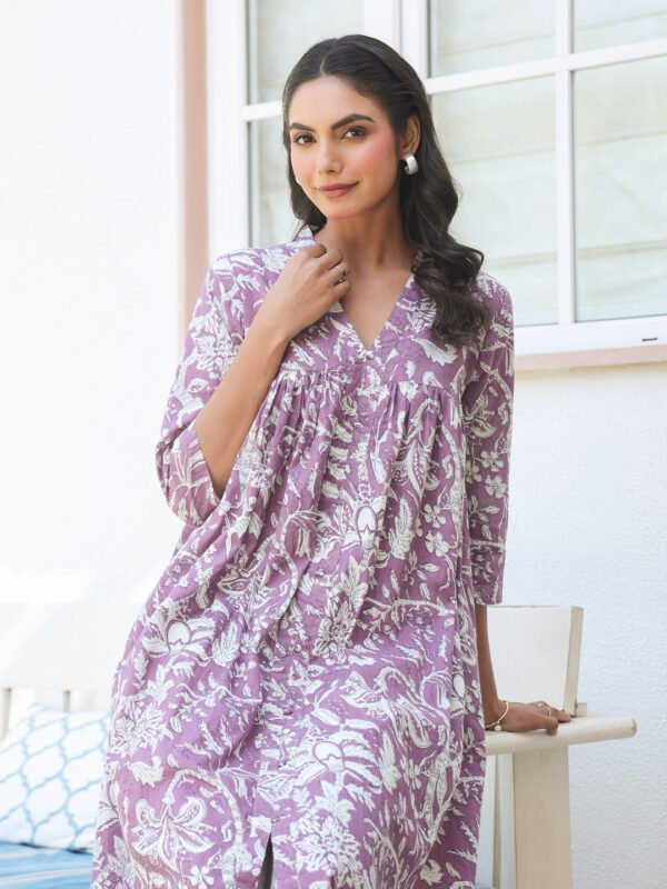 Purple Pure Cotton Floral Printed Flared Kurta
