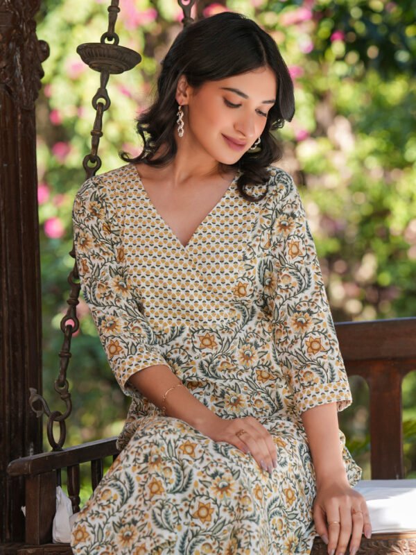 Pure Cotton Straight Kurta Set with Off White Floral Print