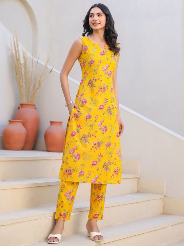 Elegant Yellow Pure Cotton Kurta and Pants Set with Floral Print