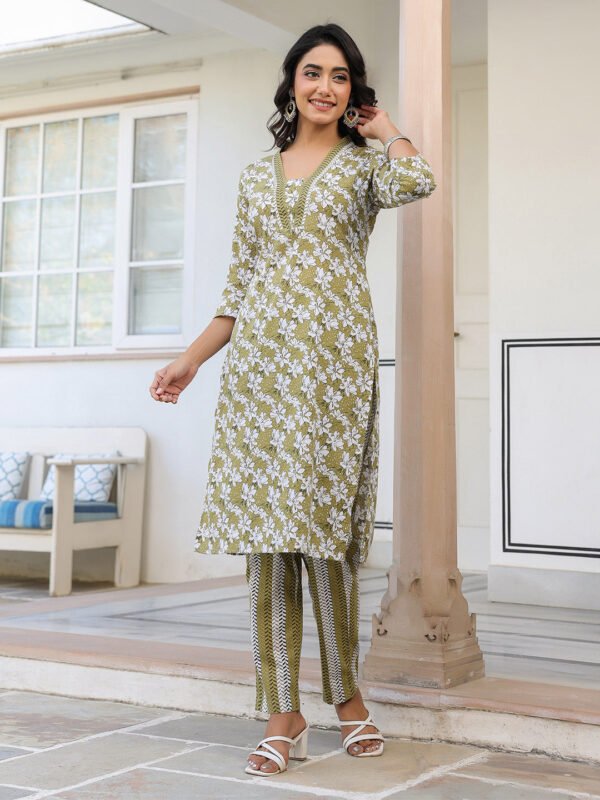 Elegant Olive Pure Cotton Floral Printed Straight Kurta Set for a Chic Look