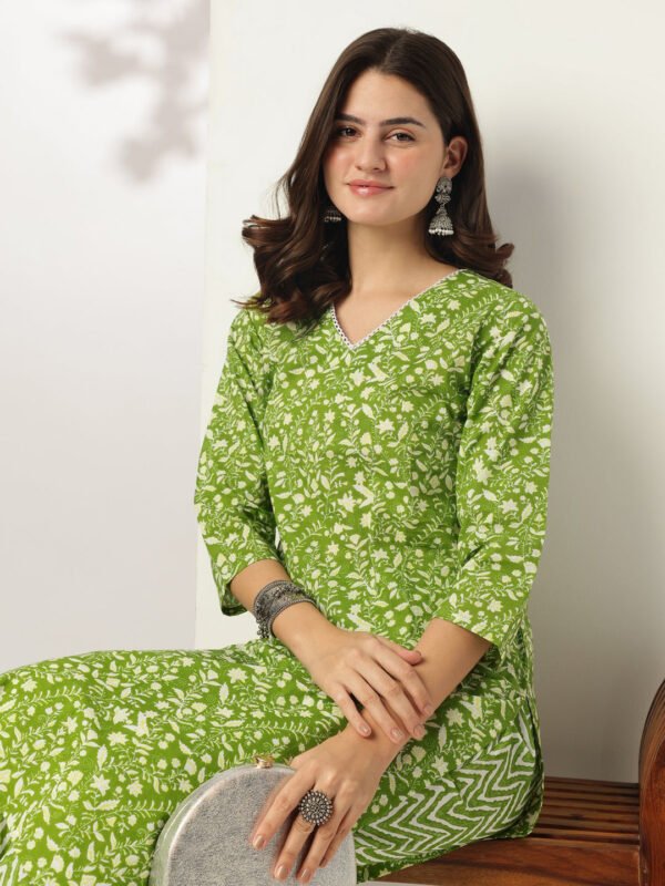Solid pure cotton straight kurta set with floral print in lime green