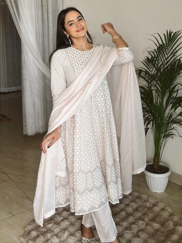 Set de Kurta Anarkali Éthnique en Coton Naturel avec Motifs Imprimés Beige