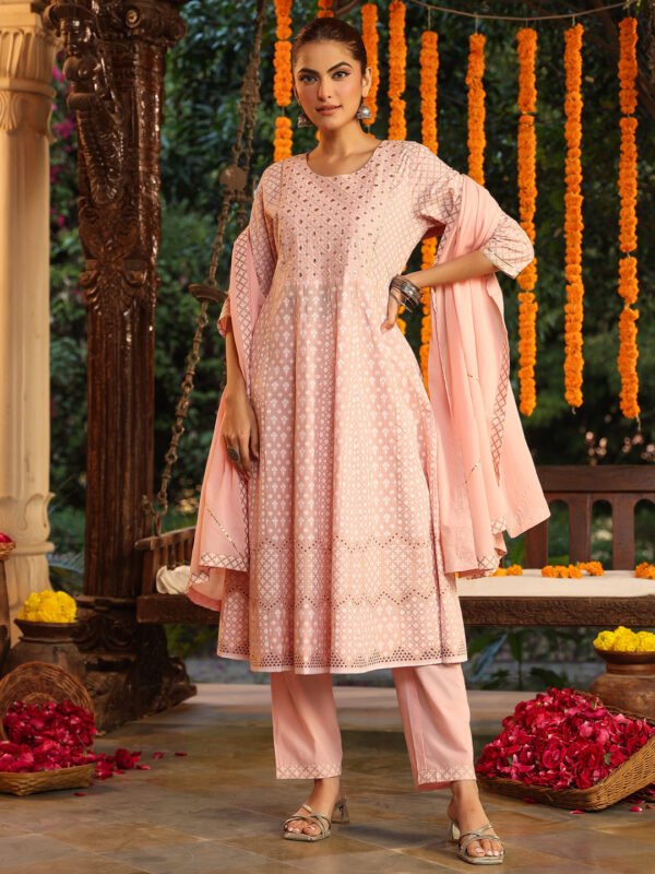 Elegant Light Pink Pure Cotton Anarkali Kurta Set with Intricate Embroidered Ethnic Motifs