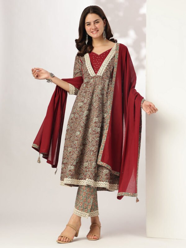 Elegant Sage Green Pure Cotton Floral Anarkali Kurta Set for a Timeless Traditional Look