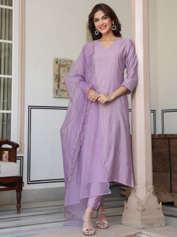 Elegant Women’s Lavender Chinon Kurta Set with Embellishments, Matching Pant and Dupatta