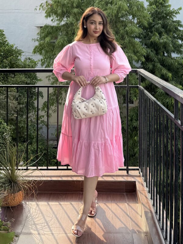 Light Pink Pure Cotton Solid Tiered Dress