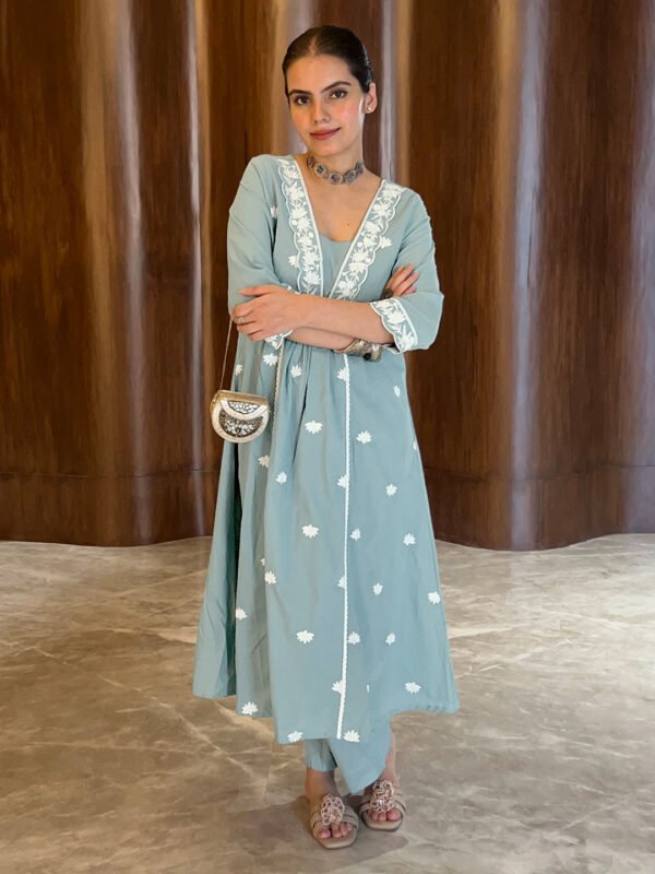 Light Blue Pure Cotton A-line Kurta Set with Elegant Embroidery