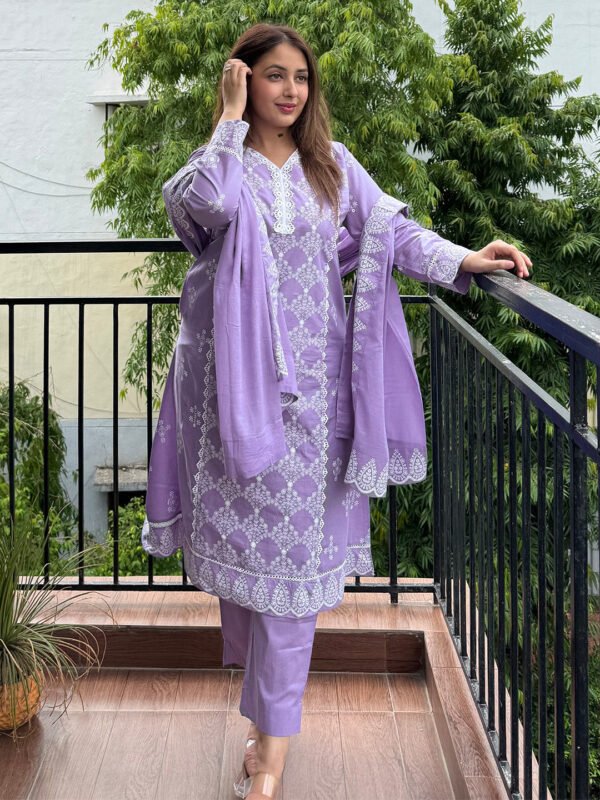 Set de Kurta A-line en coton pur avec motifs ethniques et lavande